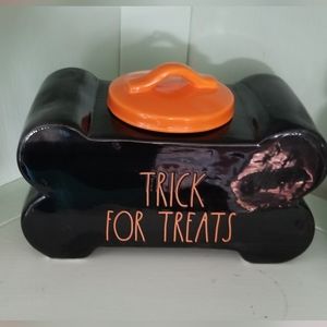 Rae Dunn Trick for Treat Bone Shape Dog Snack food canister jar Happy Halloween